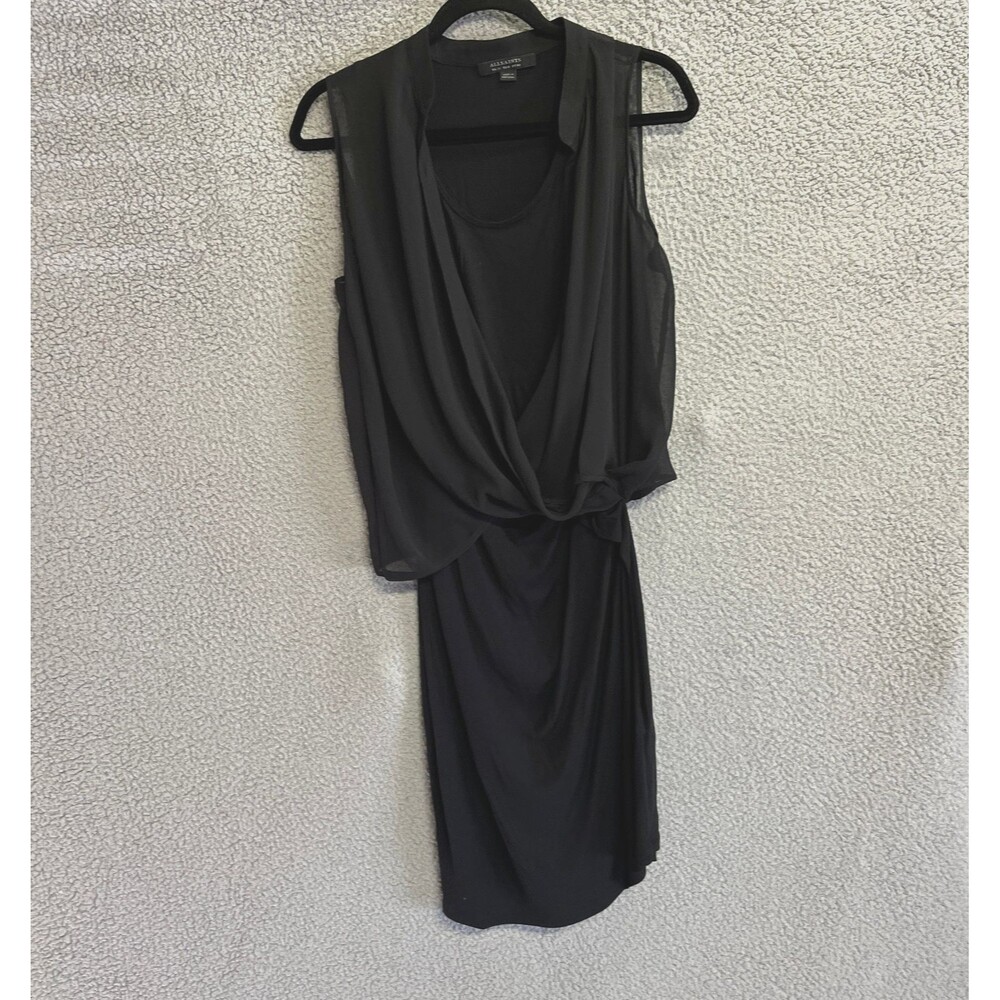 ALL SAINTS Dress Womens 8 Black Draped Wrap  Viscose Sleeveless Sheer Overlay